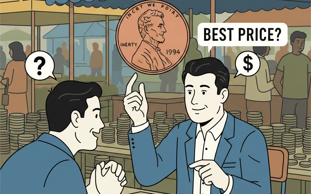 A coin dealer at a flea market negotiating while holding a 1994 Lincoln penny with no mint mark