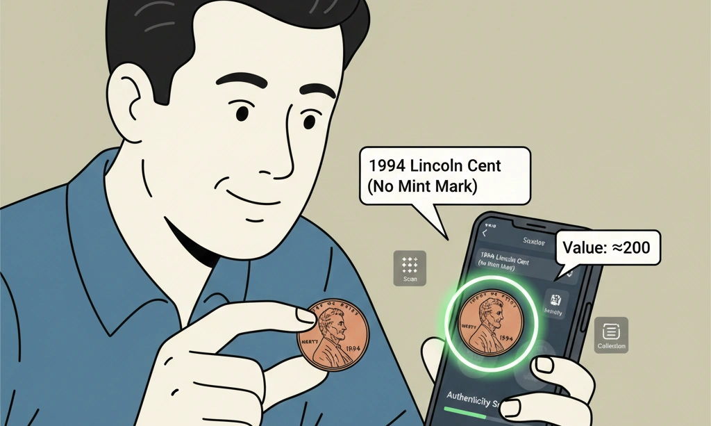 A young collector scanning a 1994 penny no mint mark with a smartphone coin-identification app