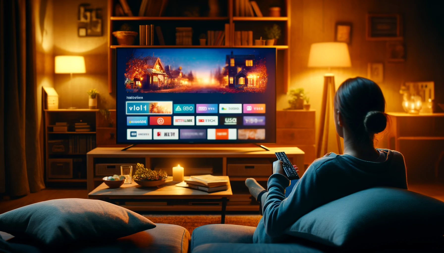 A cozy and inviting scene of someone looking at a smart TV in a home setting. The room is warmly lit, suggesting an evening spent relaxing