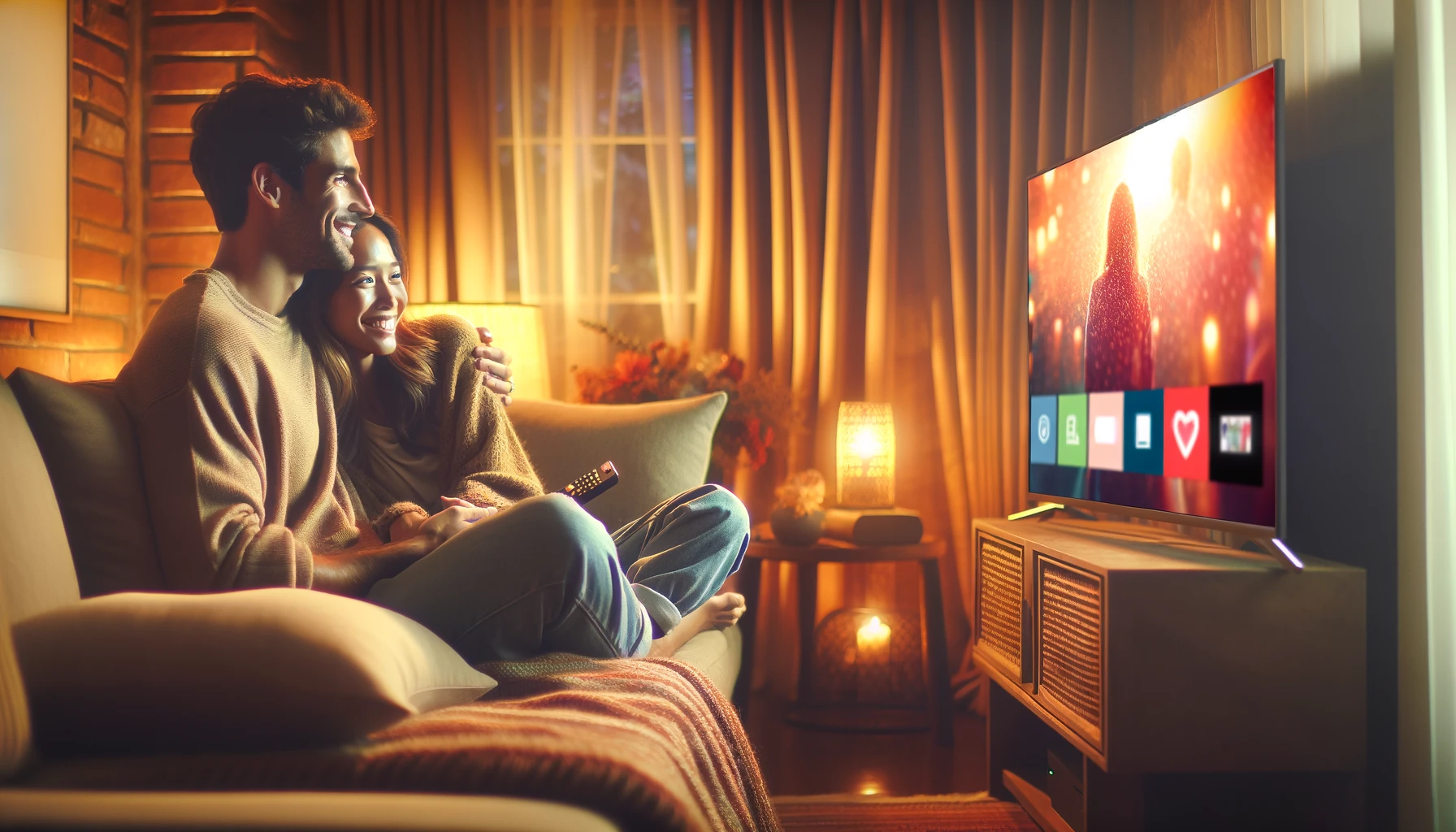 a couple in love, comfortably snuggled together on a cozy sofa, spending their leisure time watching a smart TV in their living room