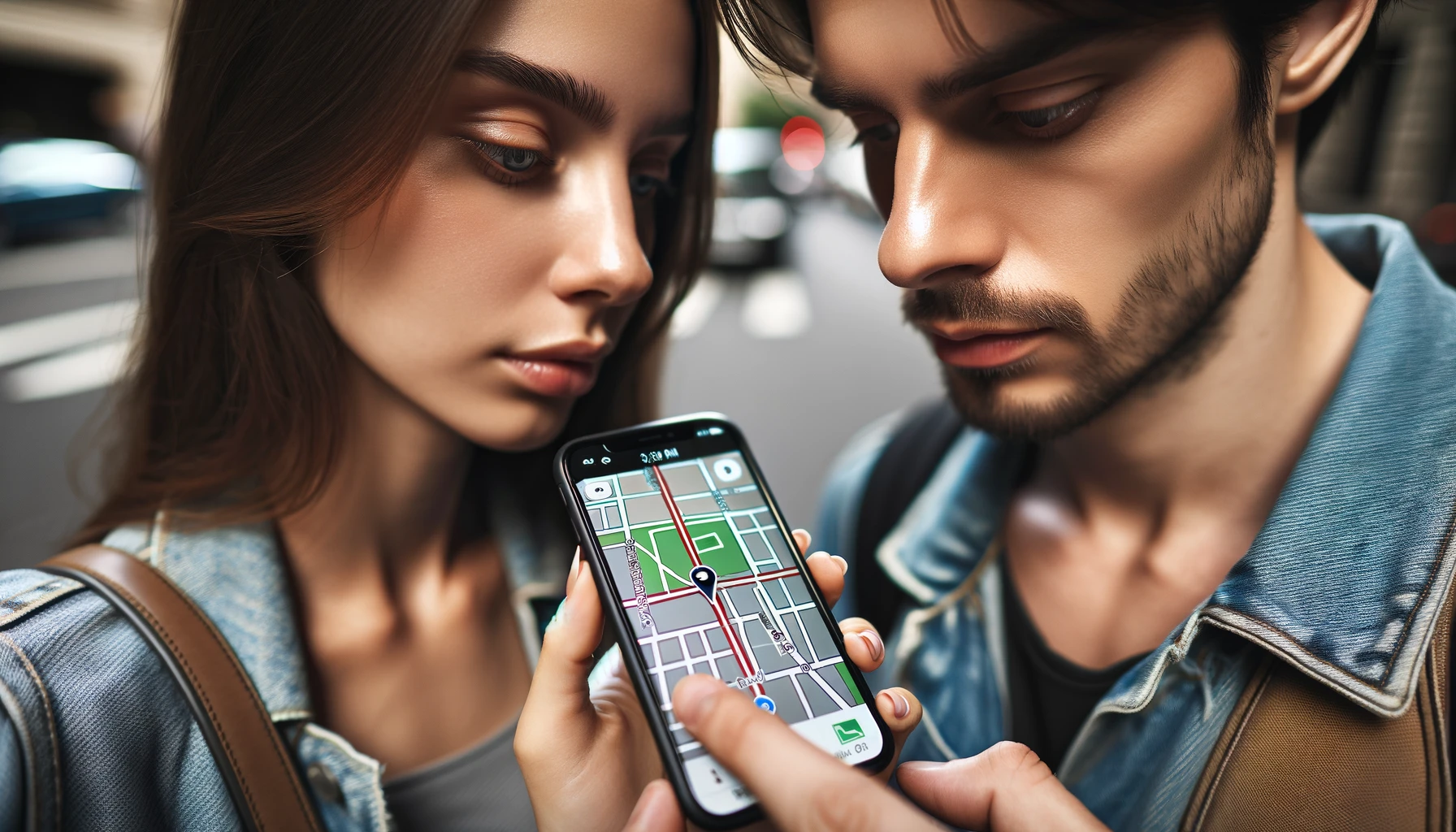 A close-up image capturing a moment of a couple standing on the street, intently looking at a smartphone screen together, using the location tracking app