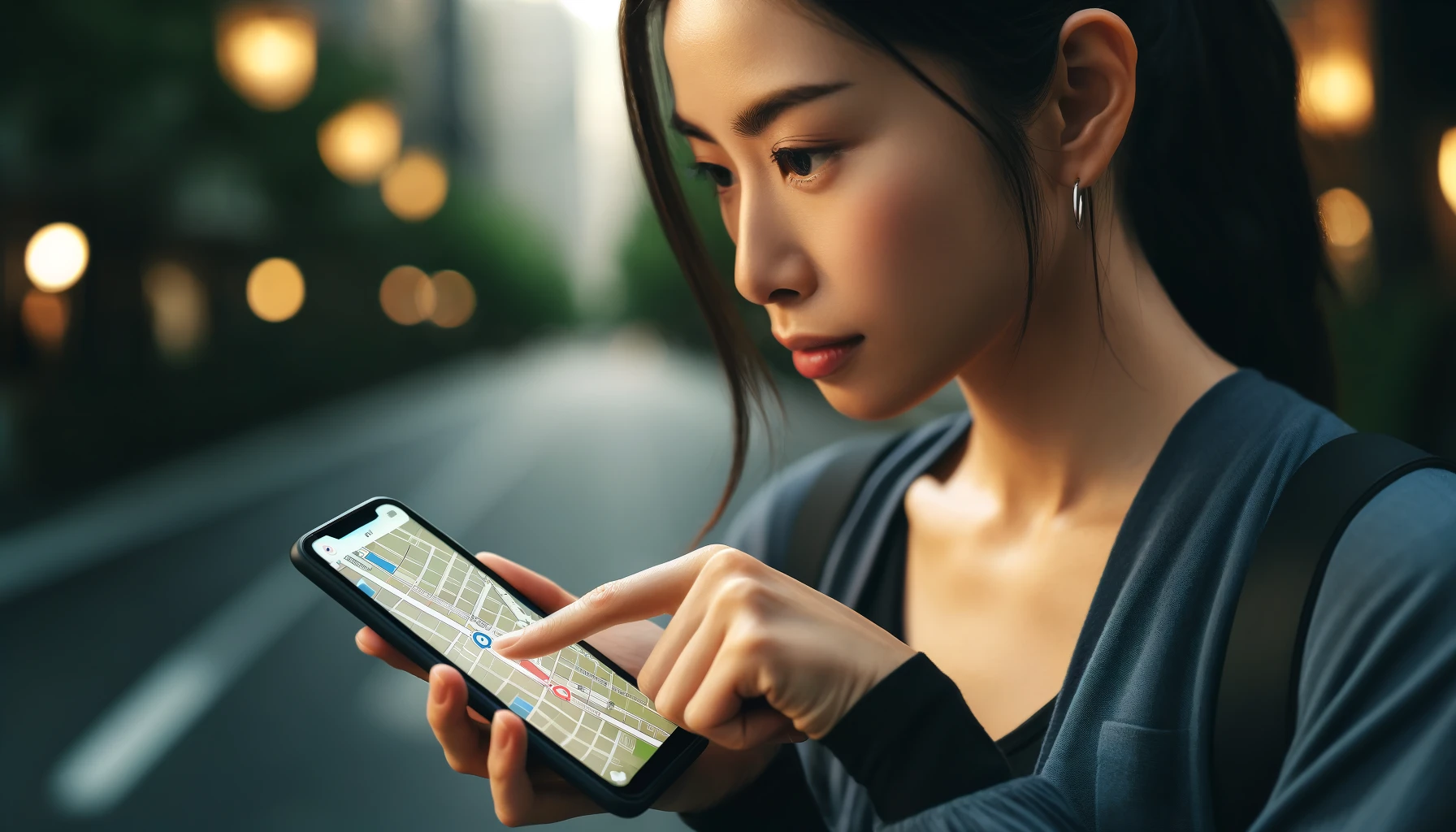 Asian woman intently searching for a location using a GPS digital mobile application on her smartphone