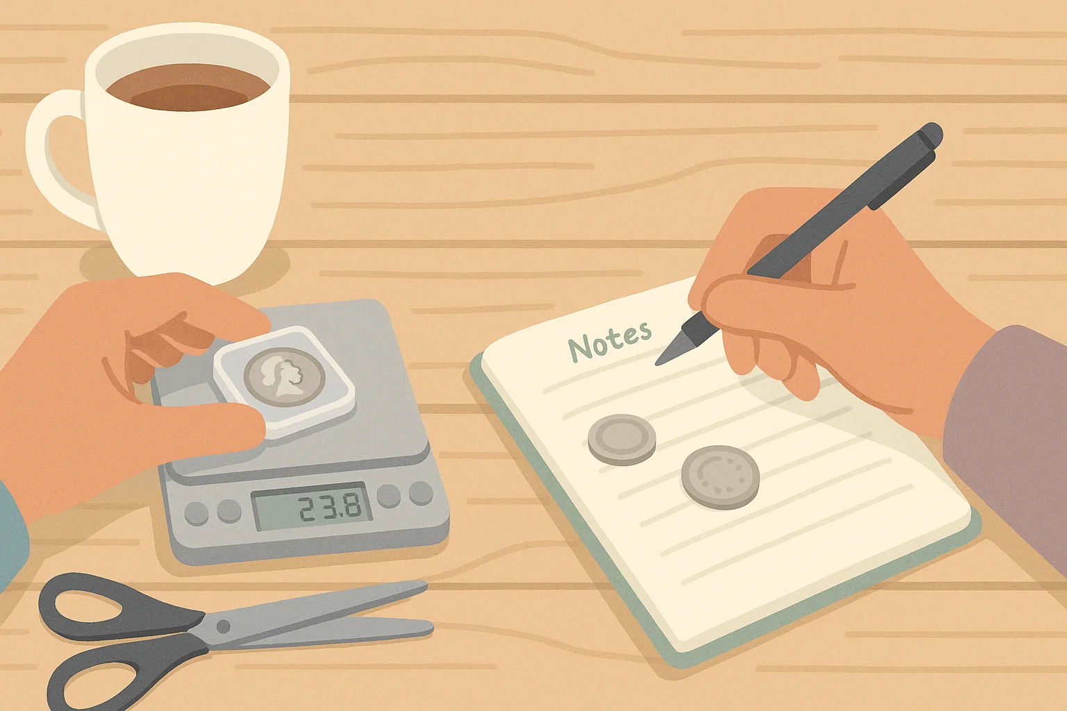 A person weighs a coin on a digital scale and takes notes.