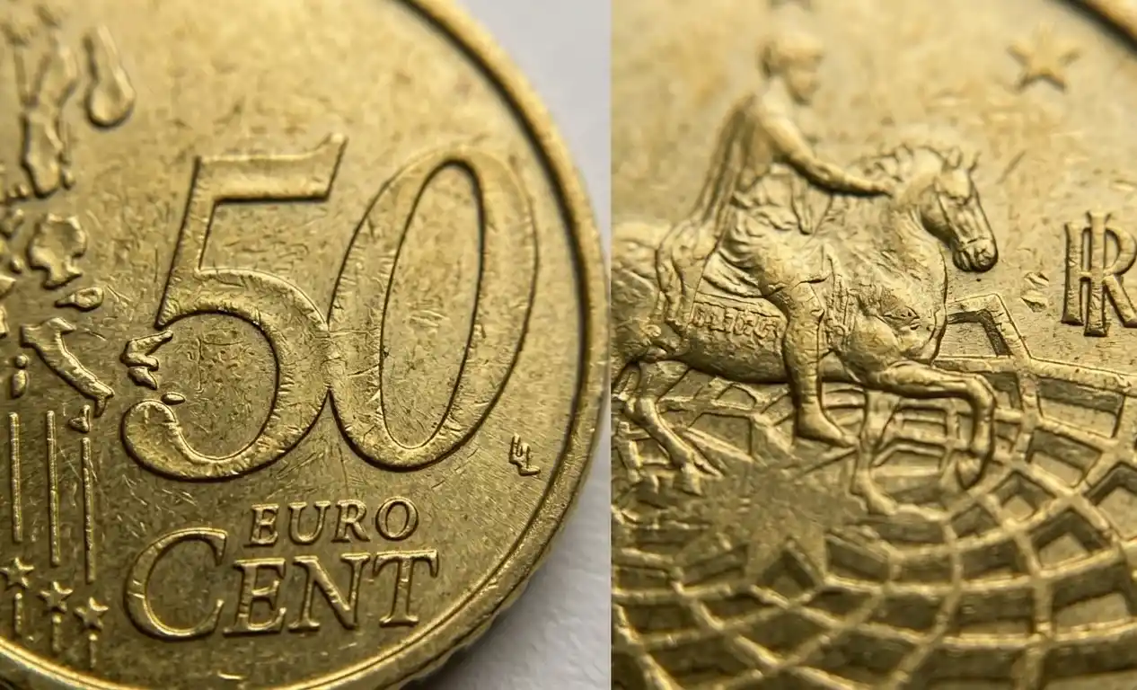 Extreme close-up of 50 euro cent coin details